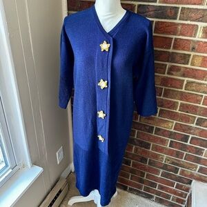 Jewel-tone Blue Midi Dress Gold Star Button Steve Fabrikant 80s Lightweight Wool